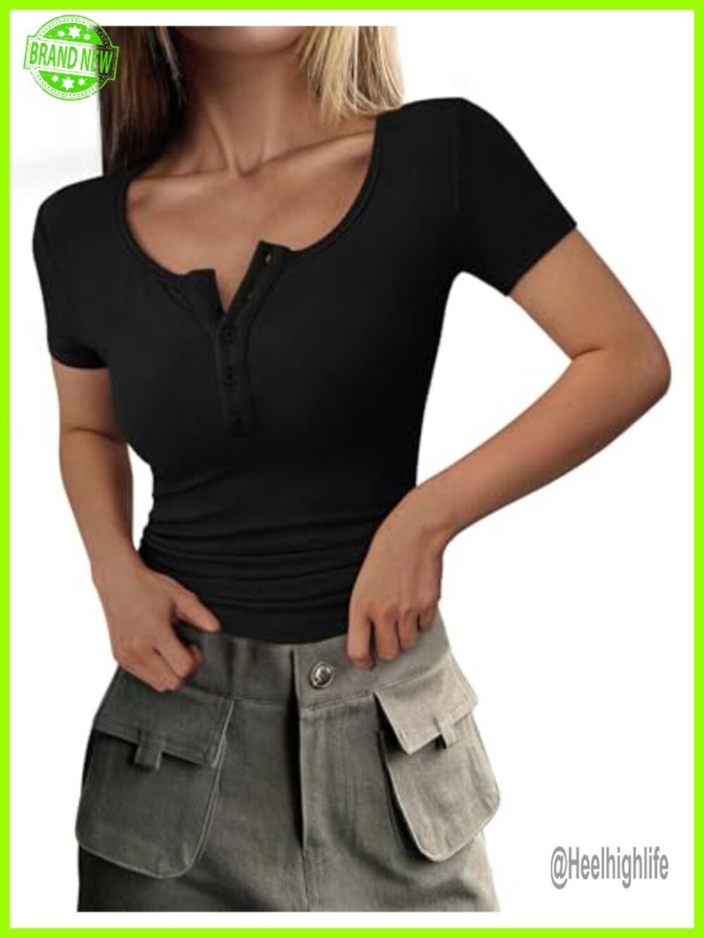 Ribbed Knit Henley Tee Short Sleeve Slim Fit Button Up Summer Top